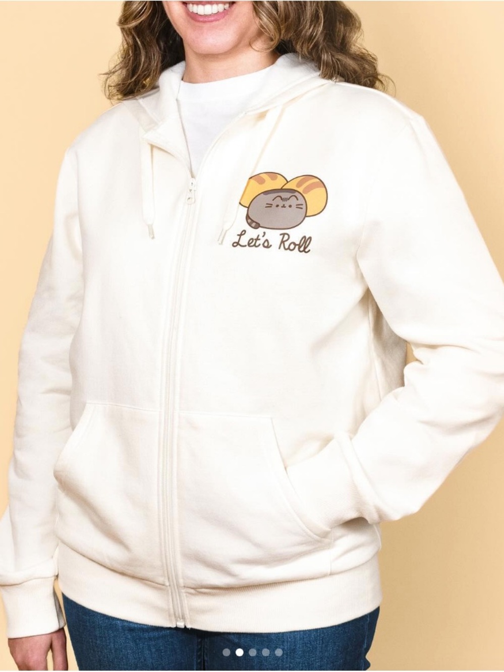 Pusheen Cream Zip-Up Hoodie with 'Let's Roll' Cat & Bread Graphic